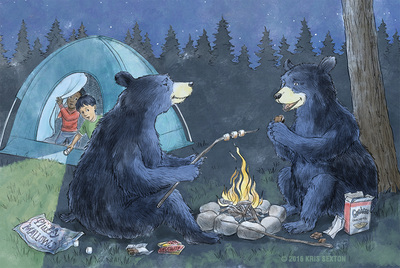Two bears make s'mores by the campfire while camping boys watch from the tent.
